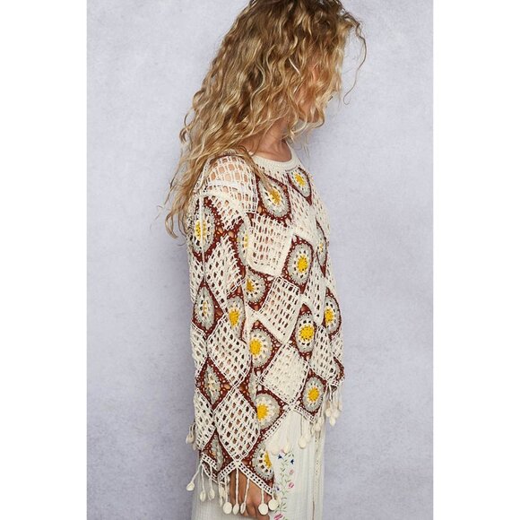POL Cream Neutral Boho Hippy Oversize Retro‎ Diamond Crochet Festival Fringe Top - Picture 3 of 11